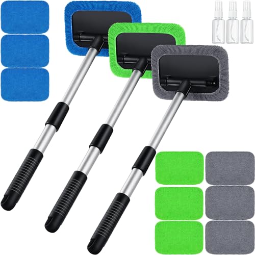 Frienda 3 Set Windshield Cleaner Tool Inside Car Window Cleaner Tool with 3 Extendable Handle 9 Reusable Microfiber Pads and 3 Spray Bottles for Auto Home Interior Exterior Glass Cleaning (Multicolor) - color: Multicolor