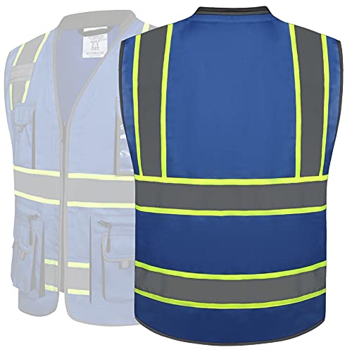 JKSafety 10 Pockets Hi-Vis Zipper Front Fluorescent Blue Safety Vest | Cushioned Collar | High Reflective Tapes with Extended Neon Yellow Strips | Meets ANSI/ISEA Standards (Large, 89-Blue) - color: Bluet1s1, size: Large