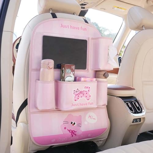 YUNZLAN Leather Backseat Car Organizer, Kick Mats Back Seat Protector with Touch Screen Tablet Holder Back Seat Organizer for Kids with 4 Storage Pockets Travel Accessories (PinkPinkCat) - color: PinkPinkCat