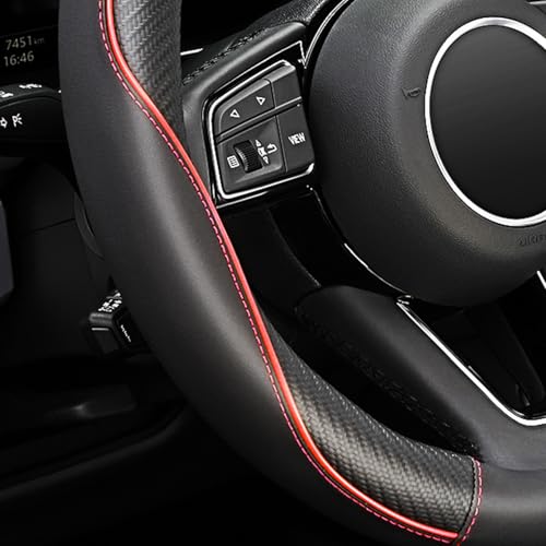 YHONGJT Soft Microfiber Leather Anti-Slip Car Steering Wheel Cover, Universal 15 Inch, Fit Vehicles, Sedans, SUVS, Vans, Trucks - Black with Red Line - color: E-Black with Red Line