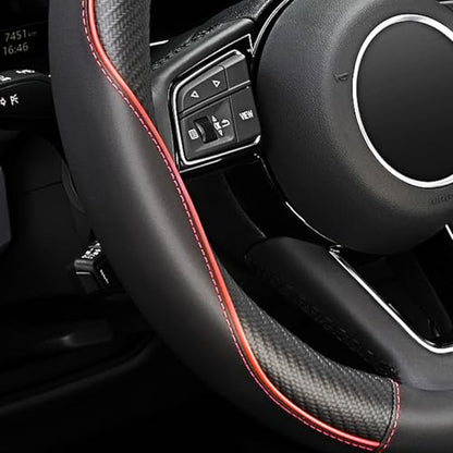 YHONGJT Soft Microfiber Leather Anti-Slip Car Steering Wheel Cover, Universal 15 Inch, Fit Vehicles, Sedans, SUVS, Vans, Trucks - Black with Red Line - color: E-Black with Red Line
