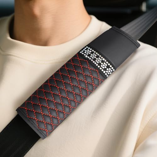 wuyaoyao 2PCS Bling Car Seat Belt Cover Pad, Breathable Leather Seatbelt Covers for Cars, Soft Comfortable Seatbelt Shoulder Strap Covers, Rhinestone Auto Seat Belt Protector Cushion (Black+Red) - color: Black+Red