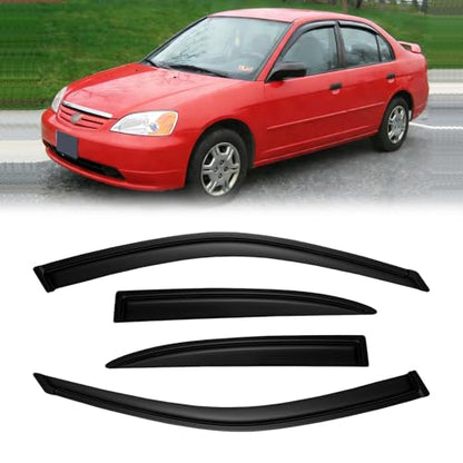 Window Visors for Honda Civic 2001-2005 4-Door Sedan, Outside-Mount Rain Guards Shields Vent Deflector Shade Dark Smoke 01 02 03 04 05, Tape-On, 4PCS - style: For 2001-2005 | Honda Cicic 4-Door | Out-Channel