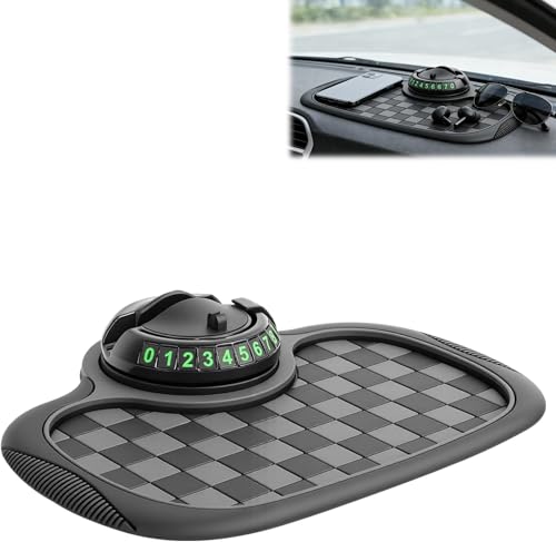Multifunction Car Anti Slip Dashboard Mat with 360° Rotatable Phone Holder, Temporary Parking Number, Organizer for Phone Sunglasses Keys (Black) - color: black