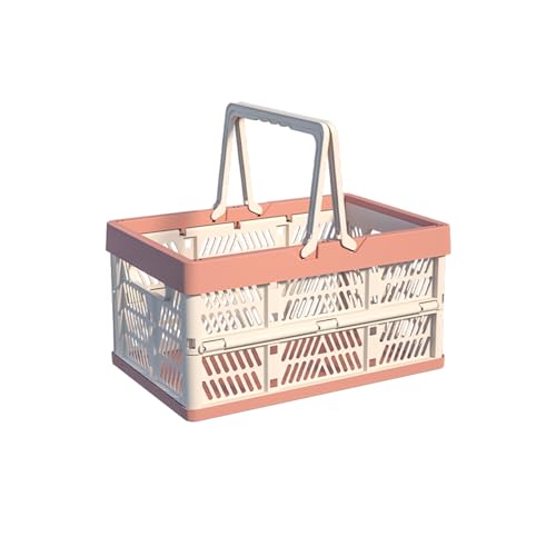 Collapsible Plastic Storage Crate - 20L Folding Organizer Basket Portable Stacking Storage Crate Bin with Handle, for Camping, Picnic, Car Trunk, Home Storage (Pink, M) - color: Pink