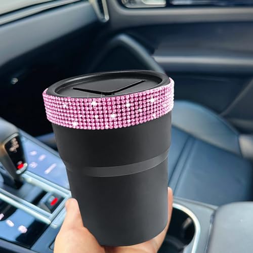 INSTOME Bling Car Trash Can with Lid，Bling Car Change Holder with Lid,Mini Trash Can Cup Holder in Console Pocket Dustbin Cans Portable for Car, Home, Office (Pink) - color: pink