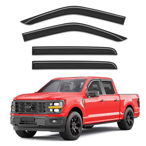 Outside-Mount Window Rain Guards Fit for Ford F-150 2015-2026/ F250-F550 2017-2026 SuperCrew,Truck Window Visors Wind Deflector Dark Smoke Vent Shades Car Tape-on 4-pcs with Thicker - size: Fit for 2015-2026 F150/2017-2026 F250-F550