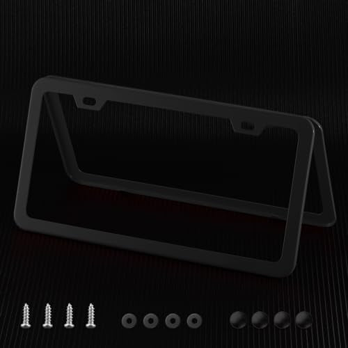 License Plate Frame, Metal Thin Stainless Steel with 2 Holes Screw Cap, 2 Pack ((Top-Purchased) Matte Black) - color: (Top-purchased)Matte Black