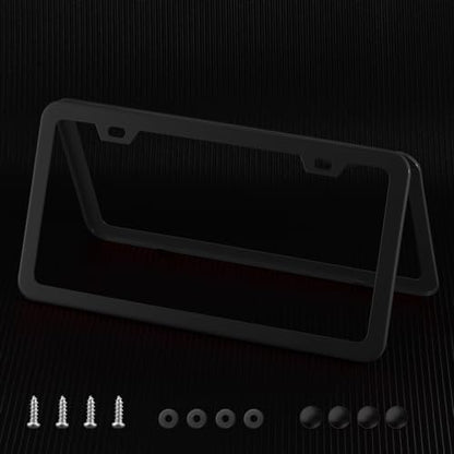 License Plate Frame, Metal Thin Stainless Steel with 2 Holes Screw Cap, 2 Pack ((Top-Purchased) Matte Black) - color: (Top-purchased)Matte Black