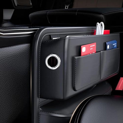 Car Seat Gap Organizer – Universal Leather Side Pocket Storage Box for SUV, Truck & Sedan, Center Console Organizer with 4 Storage Pockets, Premium Black Car Accessories for Men & Women