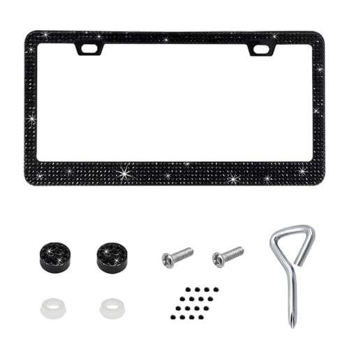 Bling License Plate Frame, Sparkly Bedazzled Auto Tag Holder with Mounting Kit, Handcrafted Crystal Stainless Steel Licence Plate Cover for Women Girls, Car Accessories (Black) - color: Black
