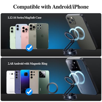 WIWU for MagSafe Car Mount Magnetic Phone Holder 360°Rotation Suction Cup Phone Mount for Car Foldable Adjustable Stable Cradle Compatible with iPhone 17/16/15/14/13/12 Series Android