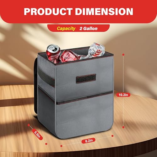 Simple Deluxe 2 Gallon Car Trash Can, Collapsible Adjustable Straps and Portable Organizer, Multipurpose Bin with Lid and Storage Pockets, Grey