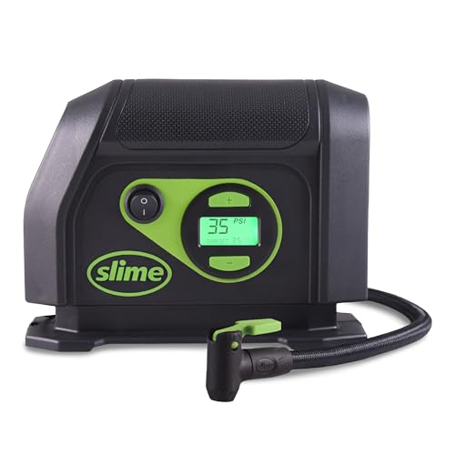 Slime 40088 Tire Inflator, Portable Car Air Compressor, Inflate Right automatic shut off, with Digital 99 psi Display, Long Hose and LED Light, 12V, 6 min inflation - style: Digital