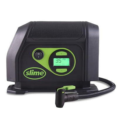 Slime 40088 Tire Inflator, Portable Car Air Compressor, Inflate Right automatic shut off, with Digital 99 psi Display, Long Hose and LED Light, 12V, 6 min inflation - style: Digital