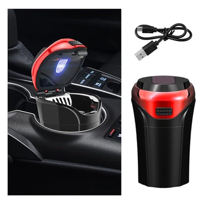Car Ashtray with Lid, Detachable USB Rechargeable Auto Cigarette Lighter with Blue LED Light, Portable Smell Proof Stainless Car Ash Tray, Mini Automotive Trash Can (Red) - color: Red