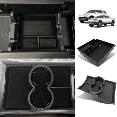 BestEvMod Upgraded V3 Armrest Storage Box and Cup Holder Lower Center Console Organizer Tray with PVC Trim Removable Coin Holder Compatible with Rivian R1T/R1S 2022-2024 (V3 Console+Lower Tray Black) - color: Black, size: V3 Console+Lower Tray
