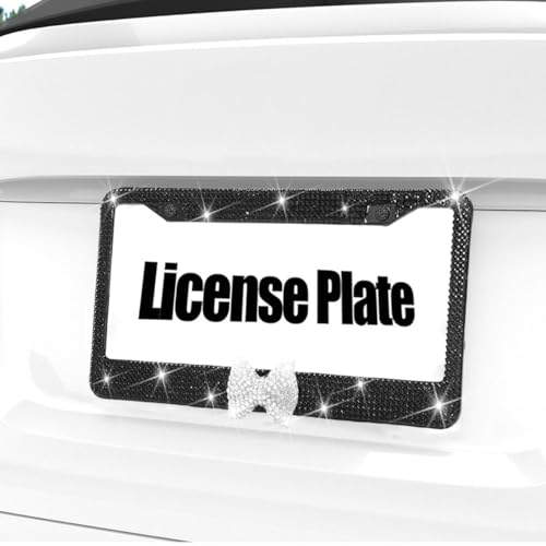 Bling Car License Plate Frame for Women, 2PCS Crystal Rhinestone Stainless Steel Vehicle Plate Holder, Glitter Diamond Sparkly Auto Plate Cover Accessories, Universal Fit (Black/White Bow) - color: Black/White Bow
