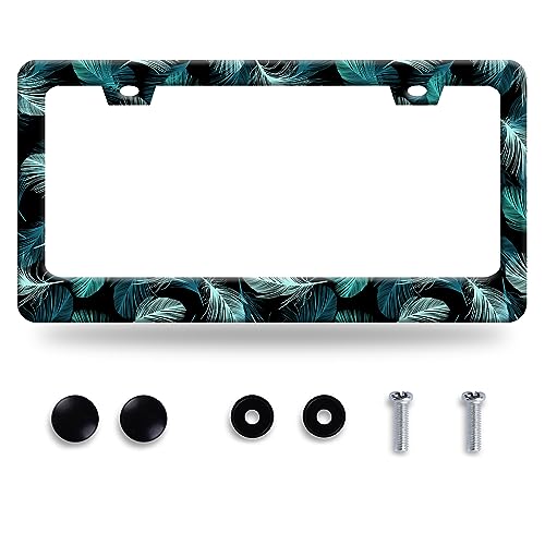 Colorful Feathers License Plate Frame Beautiful Blue Green Tropical Feathers Print License Plate Stainless Steel Funny Auto Parts License Plate Decoration Screws Size 12.3" x 6.3" - color: Tropical Feathers Print