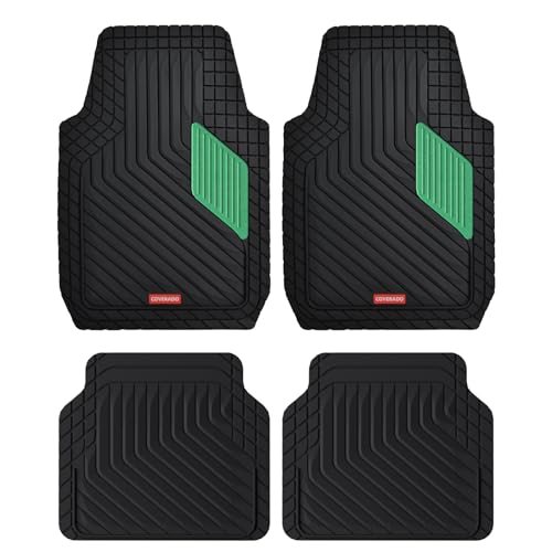 Coverado Car Floor Mats Full Set – Heavy-Duty PVC Floor Mats with Green Metallic Heel Pad, All-Weather Protection for Front & Rear, Non-Slip Backing, Easy-Clean Interior Liners - color: Green