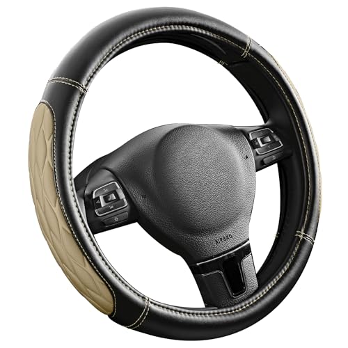 PIC AUTO Steering Wheel Cover, Beige Thick Rhombic Foam and Premium Leather, Universal 14.5-15.5 Inch Breathable Anti-Slip Steering Wheels Accessories for Men & Women - color: Beige