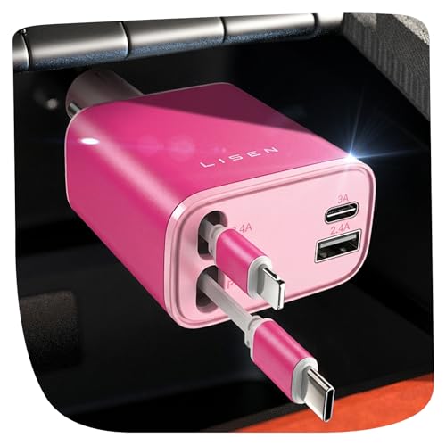 LISEN Retractable Car Charger, 84W Fast Charging Car Phone Charger, Car Charger USB C Truck Accessories, Road Trip Essentials Pink Car Acessories for Men Women for iPhone 17 16 15 14 13 12 Samsung S26 - color: White-pink, size: 31.5 Inch