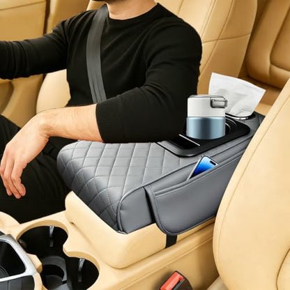 Car Center Console Armrest Box Mat, Nappa Leather Armrest Box Cover with Tissue Box, Cup Holder & Phone Holder, Middle Console Arm Rest Protection Pillow, Universal for Vehicles (Gray) - color: Gray