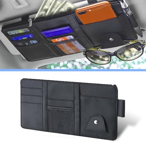 Pack-1 Car Sun Visor Organizer, 11.4In x 5.9In Multi-Functional Pocket Business Card Holder, Universal Car Interior Receiving, for Most Cars, Trucks and Vans (Black)