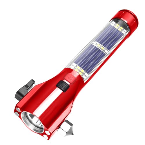 Car Glass Breaker Hammer with Flashlight, Multi-Function Rechargeable Emergency Escape tools with Window Breaker and Seatbelt Cutters,Bright Solar Torch， RescueAlarm Rescue, Strobe SOS Beacon - color: Red Metallic