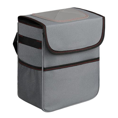 Simple Deluxe 2 Gallon Car Trash Can, Collapsible Adjustable Straps and Portable Organizer, Multipurpose Bin with Lid and Storage Pockets, Grey