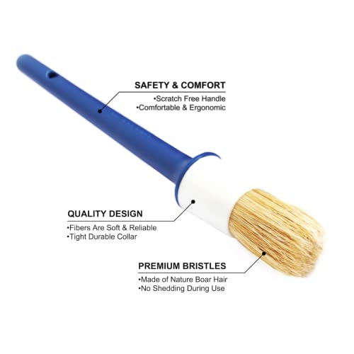 Natural Boar Hair Detailing Brush 5pcs Set, Automotive Non-Slip Detail Brushes for Cleaning Wheels, Engine, Interior, Exterior, Leather, Seat, Lug Nut, Emblems, Air Vents, Car, Motorcycle