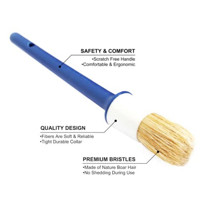 Natural Boar Hair Detailing Brush 5pcs Set, Automotive Non-Slip Detail Brushes for Cleaning Wheels, Engine, Interior, Exterior, Leather, Seat, Lug Nut, Emblems, Air Vents, Car, Motorcycle