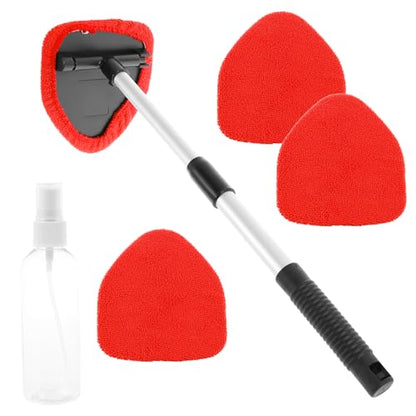 Windshield Cleaning Tool, Car Window Cleaner with Extendable Long Handle and 4 Washable Reusable Microfiber Pads and Spray Bottle, Auto Interior Exterior Glass Wiper Kit Supplies (Red) - color: Red