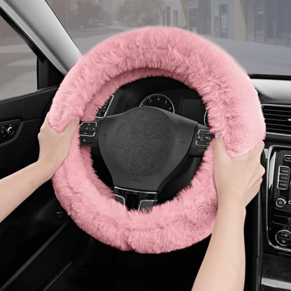 Road Comforts Steering Wheel Cover, Fluffy Car Wheel Covers for Women/Girls/Ladies，Soft Wool Fur Steering Wheel Protector, Universal 14 1/2 inches to 15 inches - Pink - color: Pink