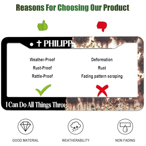 Philippians 4:13 License Plate Frame, I Can Do All Things Through Christ Who Strengthens Me License Plate Covers, 2 PC Aluminum License Plates Holder for Men Women with Screws 12.3 X 6.3 in - color: Philippians 413