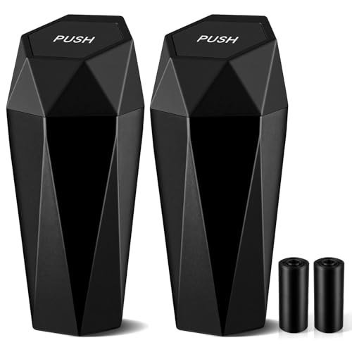 JUSTTOP Car Trash Can with Lid, Diamond Design Small Automatic Portable Trash Can, Easy to Clean, Used in Car Home Office Interior Accessories, 2PCS (Black) - color: Black-2PCS, size: 2PCS