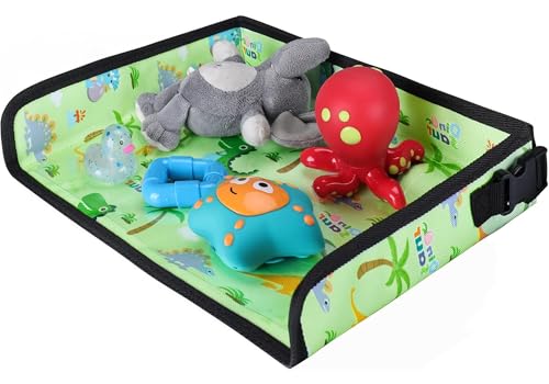 Kids Travel Tray Table Cover with Pockets – Airplane Essentials for Toddlers 1-3, Portable Activity Organizer for Plane, Train, Car & Highchair, Washable Dinosaur Design (Green) - color: Green