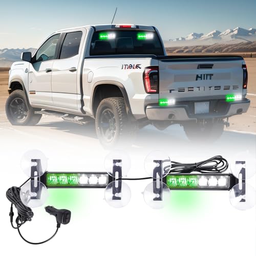 2X 6.1 inch Emergency Strobe Lights Green White 12 LED Warning Flashing Safety Dash Side/Front/Rear Windshield Lights Grill Surface Mount forVolunteer Firefighter Vehicles POV Trucks Car... - color: Green/White