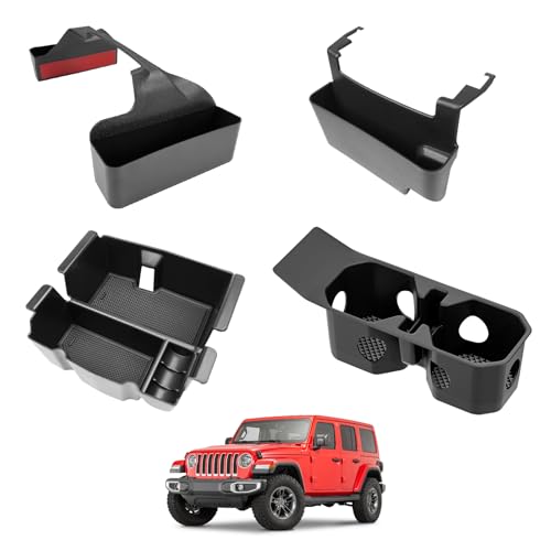 Center Console Organizer Fit for 2018-2025 Jeep Wrangler JL JLU 4XE/Gladiator JT Center Console Cup Holder Armrest Storage Hanging Gear Shift Tray for Wrangler&Gladiator(3-Piece+Cupholder) - color: 3PCS+Cupholder Organizer