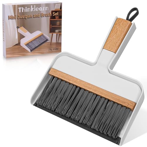 THINKLEARN Mini Dustpan and Brush Set, Portable Broom and Dustpan Combo Set with Bamboo Handle and Soft Rubber Lip, Compact Cleaning Tool for Kids, Car, Desk, Pet, Camping