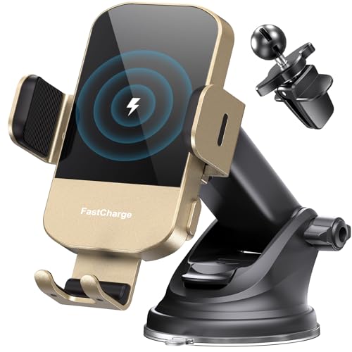 CHGeek Wireless Car Charger, 15W Fast Charging Auto Clamping Car Charger Phone Mount Phone Holder fit for iPhone 15 14 13 12 11 Pro Max Xs, Samsung Galaxy S24 Ultra S23 S22 S21, S20, S10+, Golden - color: Golden