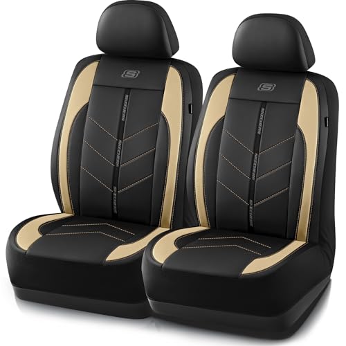 Skechers Car Seat Covers,Luxury Faux Leather Seat Covers,Waterproof Anti Slip Car Seat Protector Front Seats,Car Accessories Airbag Universal Fit for Most Cars,Vans,Trucks,SUV,Beige - color: Black and Beige, size: Two Front