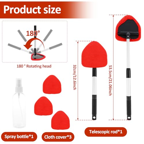 Windshield Cleaning Tool, Car Window Cleaner with Extendable Long Handle and 4 Washable Reusable Microfiber Pads and Spray Bottle, Auto Interior Exterior Glass Wiper Kit Supplies (Red) - color: Red