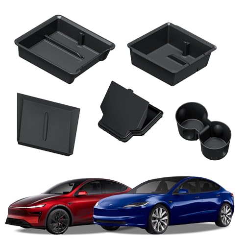 5PCS Center Console Organizer Compatible with 2025-2026 Tesla Model Y Juniper/2024-2026 Model 3 Highland Accessories, Hidden Storage Box, Cup Holder and Silicone Mat(Not Fit Juniper Standard) - size: 5pc for Model Y Juniper/ Model 3 Highland