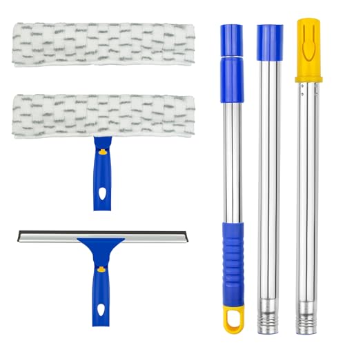 ITTAHO Window Washing Kit with Extension Pole, 10" Squeegee & 11" Microfiber Scrubber Combi with Stainless Steel Pole, Window Cleaner for Car, Sliding Door,Shower Glass Door-Swivel Style-2 Pads - color: Blue, size: 10" Squeegee