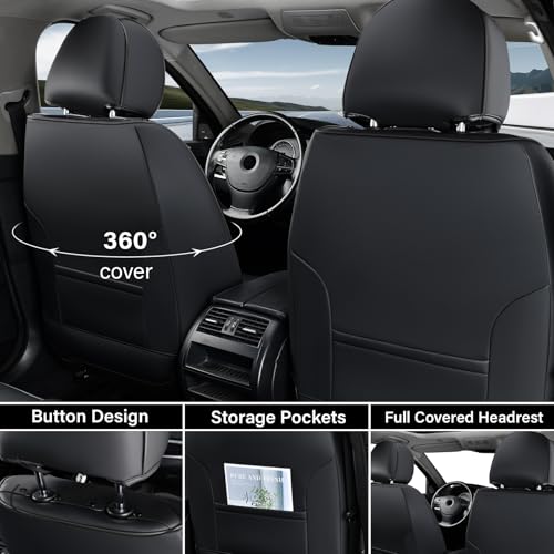 Coverado Seat Covers, Car Seat Covers Front Seats, Waterproof Nappa Leather Auto Seat Cover with Lumbar Head Pillow, Black Seat Covers Carseat Cover Universal Fit for Most Cars - color: Black（Pillow）, size: Front