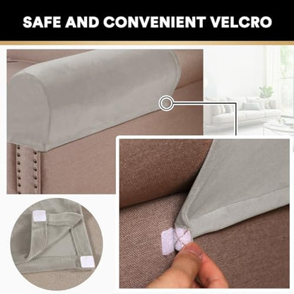 PrinceDeco 4 Pack Thick Velvet Stretch Armrest Covers for Chairs and Sofas - Non Slip, Oatmeal - color: Oatmeal