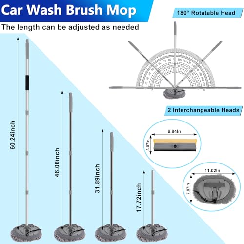 THINKWORK Car Wash Kit, 62'' Car Washing Brush with Long Handle, Extendable Car Wash Brush Mop with 2-in-1 Windshield Squeegee and 9Pcs Detailing Brushes, Gray Car Detailing Kit Gift for Men - size: 23PCS