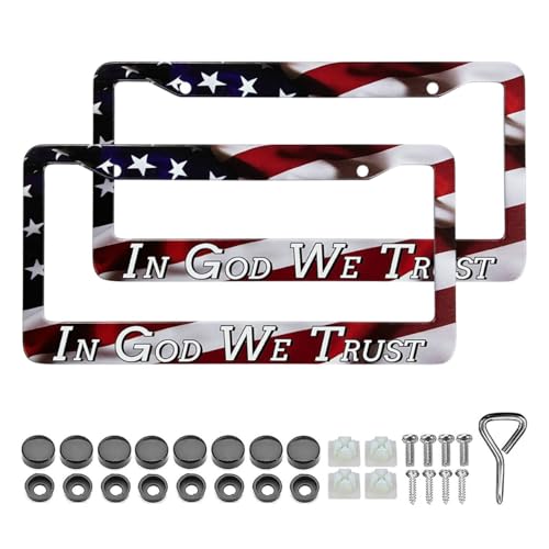 in God We Trust Christian American Flag License Plate Frames - 2 Pack Front Rear Patriotic US Flag Stainless Steel Metal Rust-Proof Waterproof Car Tag Frame Holder Covers with Screws Fasteners Caps - color: In God We Trust