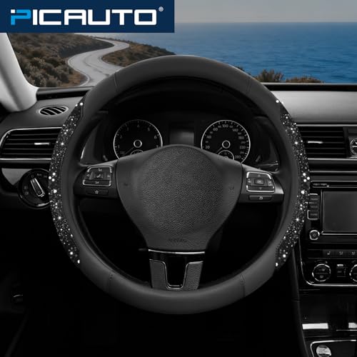 PIC AUTO Steering Wheel Cover, Black Sparkly Crystal Bling Glitter with Leather, Universal Fit 14.5"-15.5" Car Steering Wheels for Girls & Women, Anti-Slip Wheels Cover for Cars, Trucks, Van, SUVs - color: Black Glitter